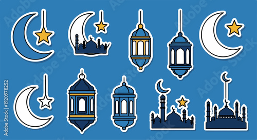 Ramadan ornament sticker set vector illustration blue background