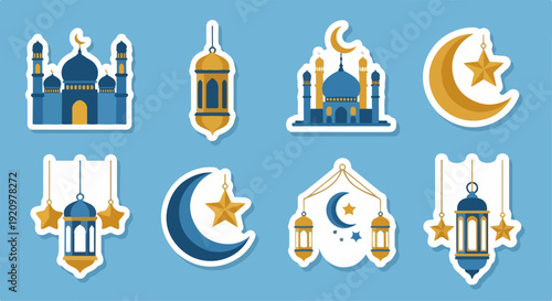 Ramadan ornament sticker set vector illustration blue background