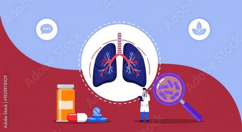 World Tuberculosis Day Illustrative concept of human lung health, focusing on respiratory conditions, bacterial threats, and scientific medical treatment with medication