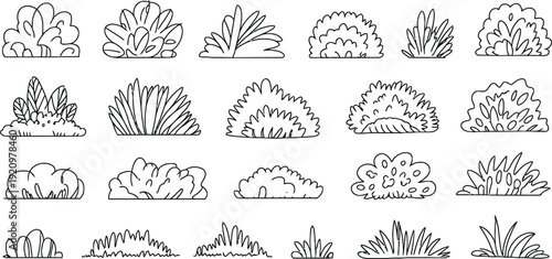 A collection of hand drawn shrub and bush silhouettes arranged in a grid like pattern on a white background