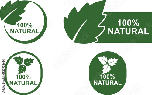 100 Percent Natural Badge Set Green Leaf Organic Product Label Eco Friendly Vector Design