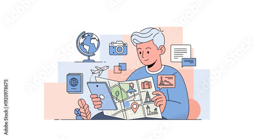 Man planning travel with map.