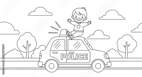 Police Car with Smiling Boy Riding.