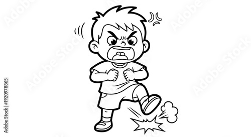 Angry Cartoon Boy Kicking with Fists Clenched.