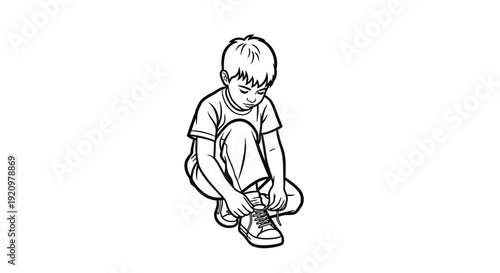 Boy Tying His Shoe Laces.