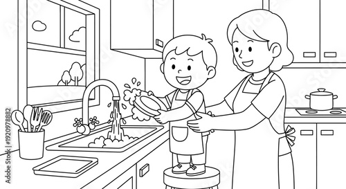 Woman helping little boy wash hands.