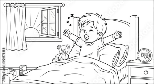 Little boy waking up in bed.