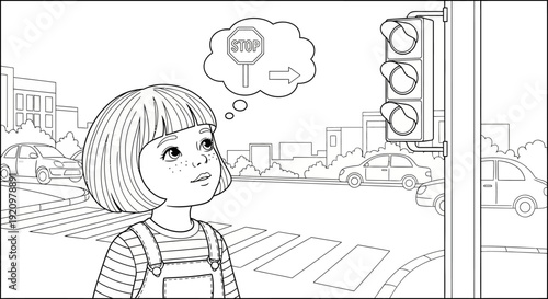 Little girl thinking on crosswalk.