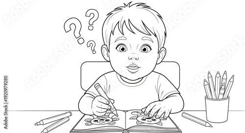 Boy Thinking at Desk.