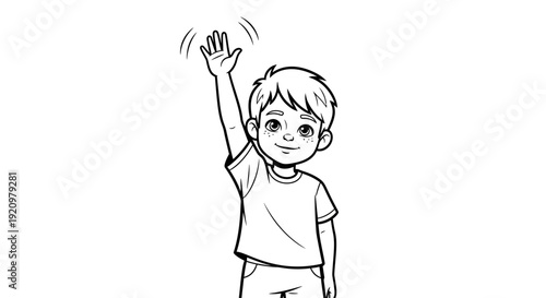 Boy Waving Hand in Greeting Smiling.