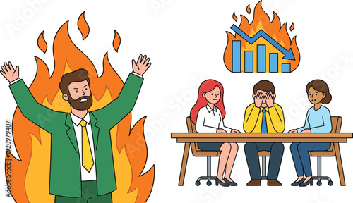 Business Crisis Concept Illustration with Angry Manager in Flames and Stressed Team, Corporate Financial Loss Vector Scene