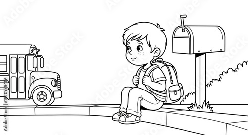 Boy sitting on curb with backpack.