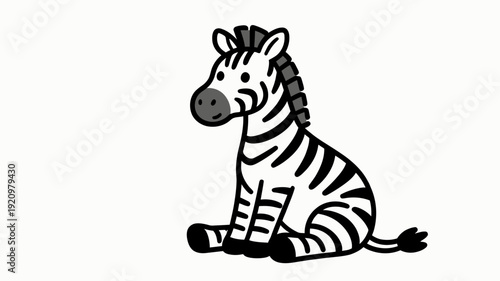 Cute cartoon zebra with black and white stripes sitting calmly on a plain white background, perfect for children's designs.