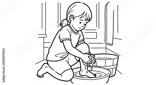 Little girl washing her feet outside.