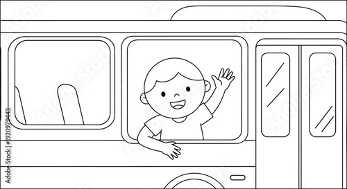 Happy child waving from bus window.