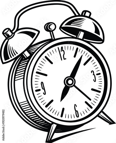 Vintage alarm clock vector with bells and hammer showing time at 1:35 in bold black and white design
