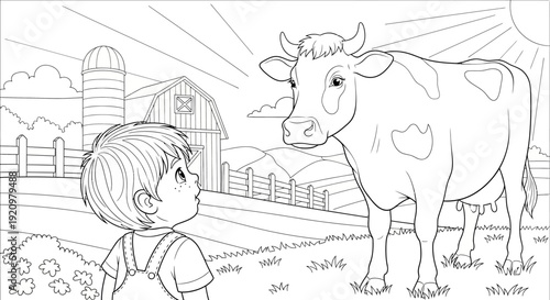 Little boy looking at cow.