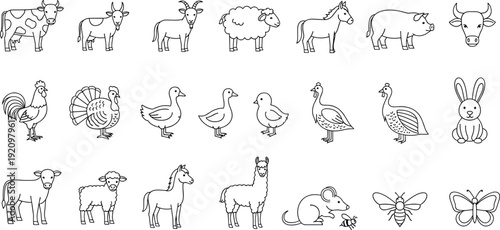 Farm Animals and Livestock Line Icons Set, Domestic Rural Agriculture Collection with Cow, Sheep, Goat, Poultry and Wildlife Outline