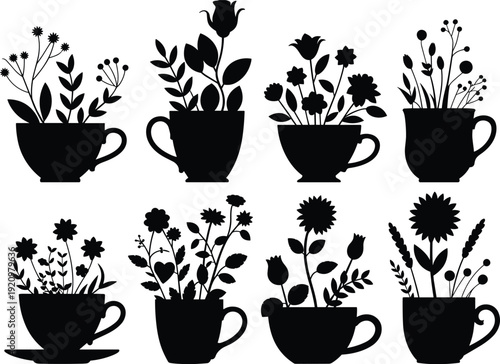 Floral teacup silhouette set, decorative flower arrangements in coffee cups black vector illustration isolated on white background