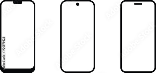 Smartphone outline mockup set, front view blank screen mobile phone frames with notch and camera hole, minimal vector illustration isolated