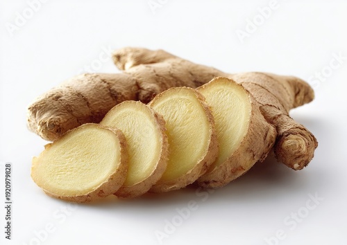 A whole, uncut ginger root with a few slices set in front, all on a white surface
