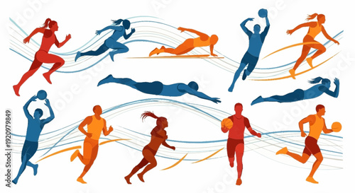 Dynamic illustrations of athletes in motion, showcasing various sports actions and movements from a top-view perspective