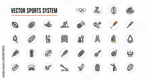 Vector sports icons collection featuring various athletic symbols and equipment in a systematic arrangement