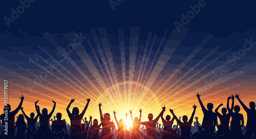 Crowd celebrating at vibrant sunset with hands raised in joy