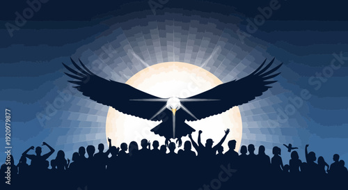 Eagle soaring above crowd with sun behind, symbolizing freedom and empowerment