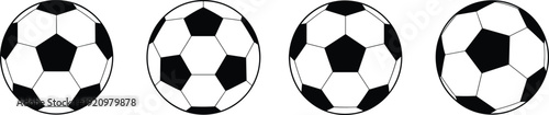 Soccer ball collection vector illustration, classic black and white football design isolated on light background sports equipment set