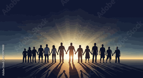 Diverse group of people standing together in unity at sunset