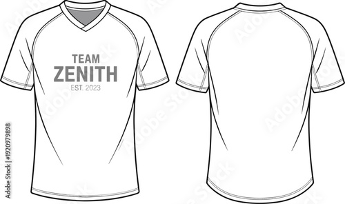 Team sports jersey mockup template, front and back athletic t shirt design, customizable uniform branding vector illustration for apparel printing
