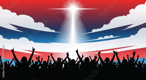 Enthusiastic crowd celebrating under vibrant patriotic sky with shining light