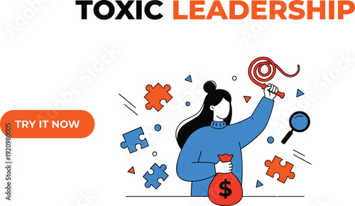 Toxic leadership concept illustration, manipulative boss controlling employees with money and power, unhealthy workplace culture vector design