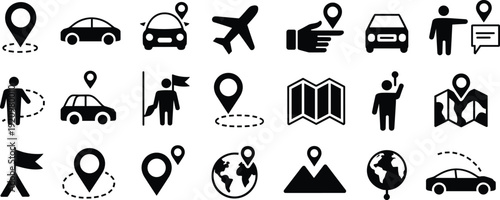 Travel and navigation icon set, location pin car airplane and map symbols collection, solid black vector illustration isolated on white