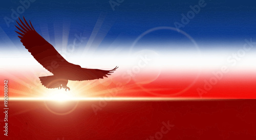 Majestic eagle soaring against vibrant sunset with radiant sun