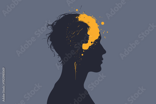 Dark silhouette adult profile with inner child silhouette in gold yellow paint splatter emerging from head, symbolizing childhood trauma therapy and inner voice on gray background