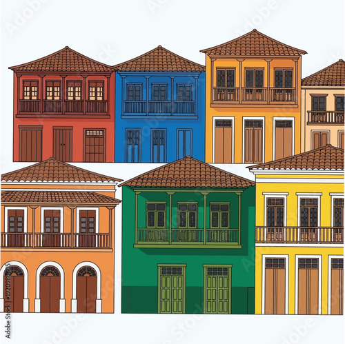 Colorful illustration of diverse multi-story townhouses with balconies and wooden doors in a row