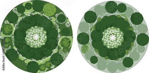 Detailed and schematic circular garden design diagrams with concentric trees and vegetation, ideal for landscape architecture, urban planning, and professional garden layout visualization projects
