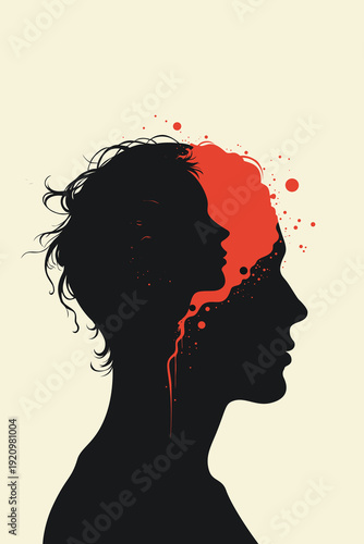 Black silhouette adult profile with inner child face and red paint splatter flowing from head, symbolizing childhood trauma therapy and inner voice on beige background