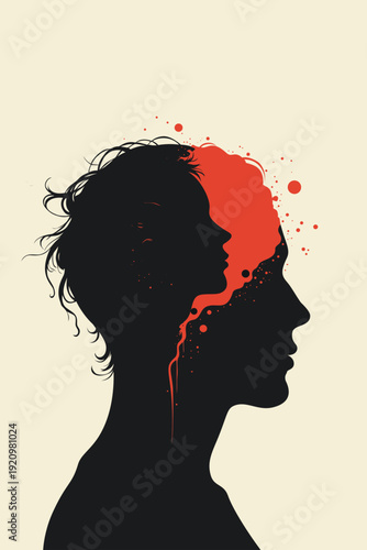 Black silhouette adult profile with inner child face and red paint splatter flowing from head, symbolizing childhood trauma therapy and inner voice on beige background