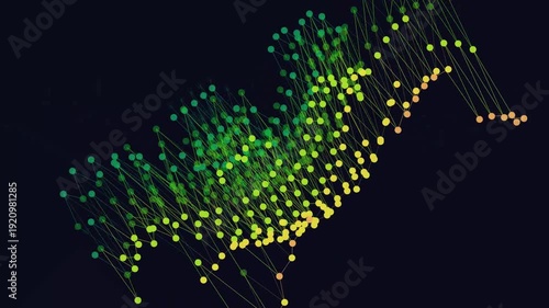 Abstract neon green and yellow dotted wave design with digital particles on dark background.