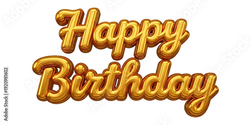 3D gold metallic Happy Birthday script text on transparent background, glossy cursive lettering, festive celebration