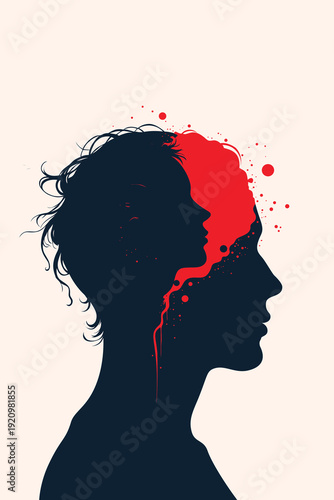 Adult silhouette profile with inner child face and red paint splatter flowing from head, symbolizing childhood trauma therapy inner voice