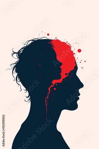 Adult silhouette profile with inner child face and red paint splatter flowing from head, symbolizing childhood trauma therapy inner voice