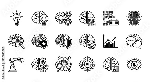 A collection of line art icons representing artificial intelligence, technology, and innovation, featuring brains, gears, robots, and data visualizations