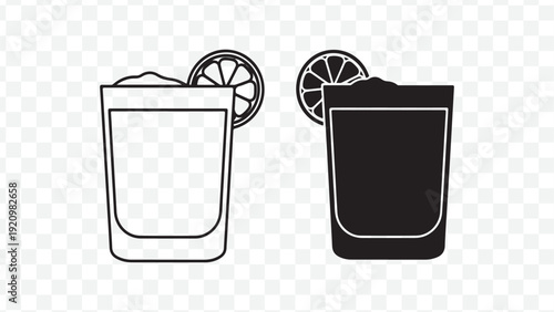 Black and white cocktail glass icon set. Includes two glasses with lemon slices. Created in line style with black and white palette. isolated on Transparent Background