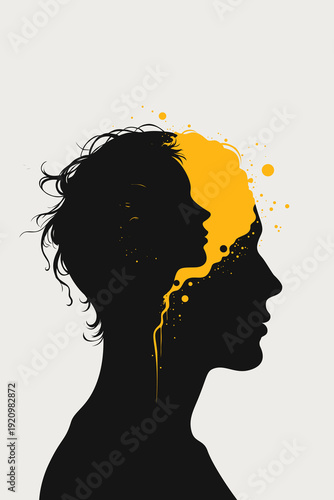 Adult silhouette profile with inner child face emerging from head in yellow paint splatter, symbolizing childhood trauma therapy inner voice