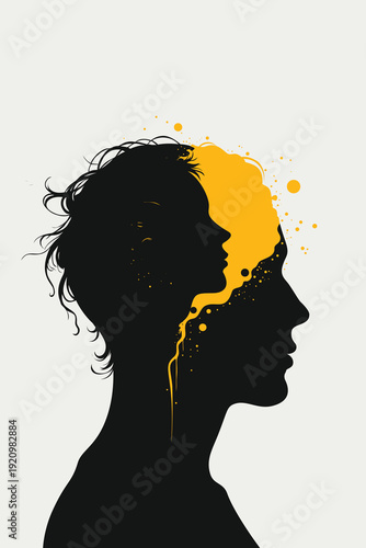 Adult silhouette profile with inner child face emerging from head in yellow paint splatter, symbolizing childhood trauma therapy inner voice