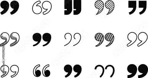 A collection of quotation marks in varying styles and orientations sketched on a white background